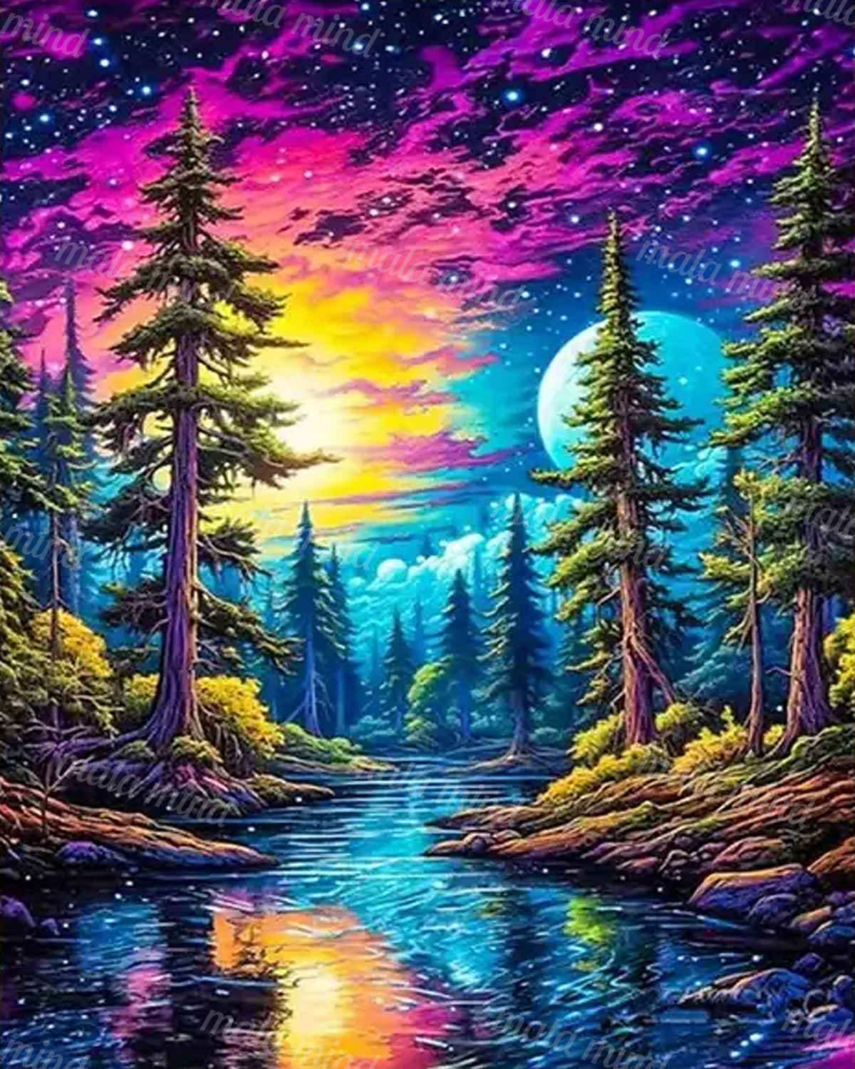 Colorful evergreen forest surrounding a reflective stream beneath stars and a large turquoise moon — 02_master_artwork