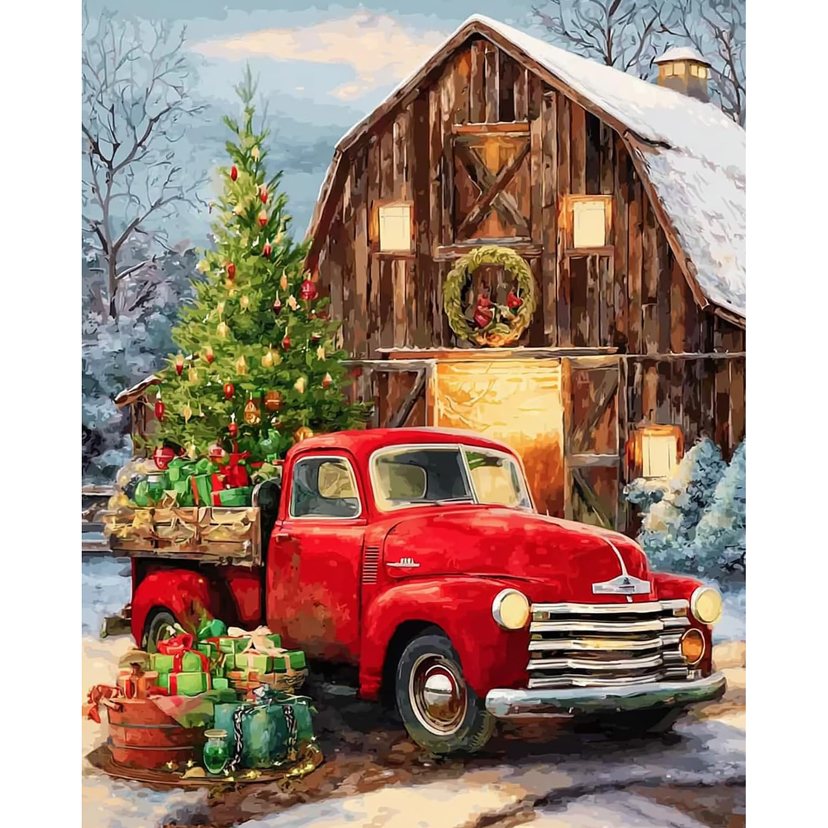 Red vintage pickup loaded with Christmas gifts beside a snowy barn and decorated tree