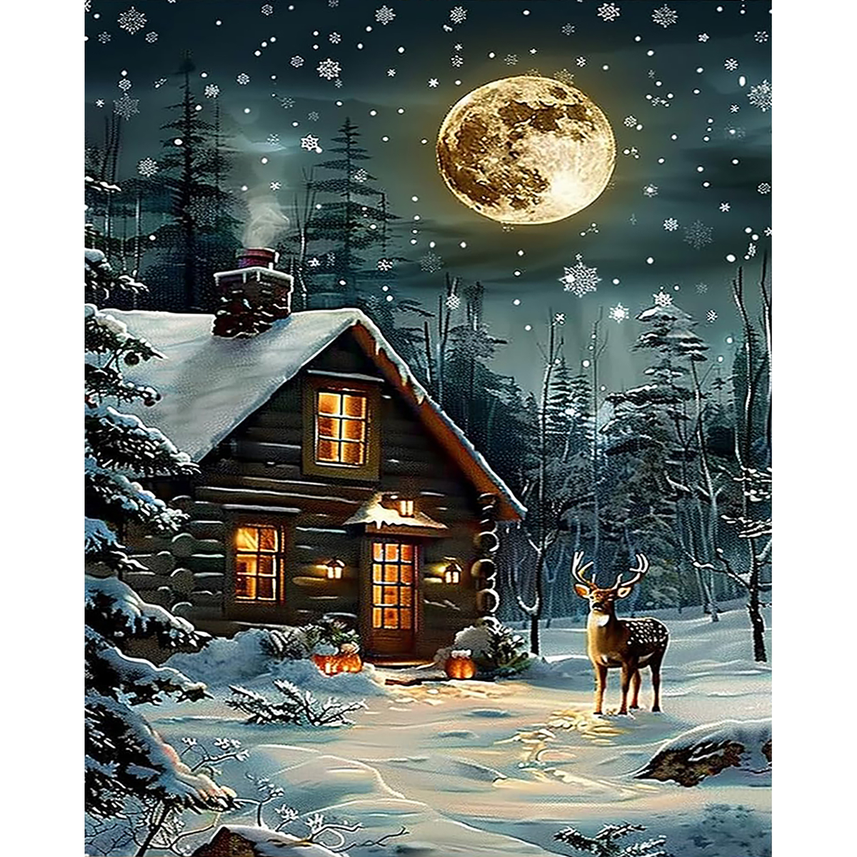 Snow-covered cabin glowing beneath a full moon as a deer stands on a forest path