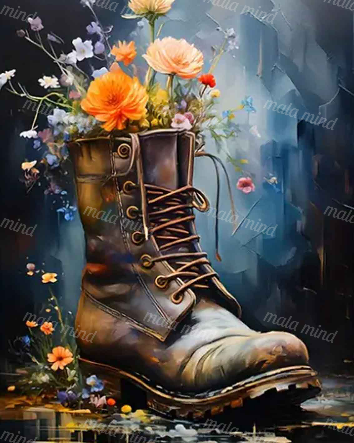 Worn brown lace-up boot filled with orange and mixed wildflowers above a reflective blue surface — 02_master_artwork