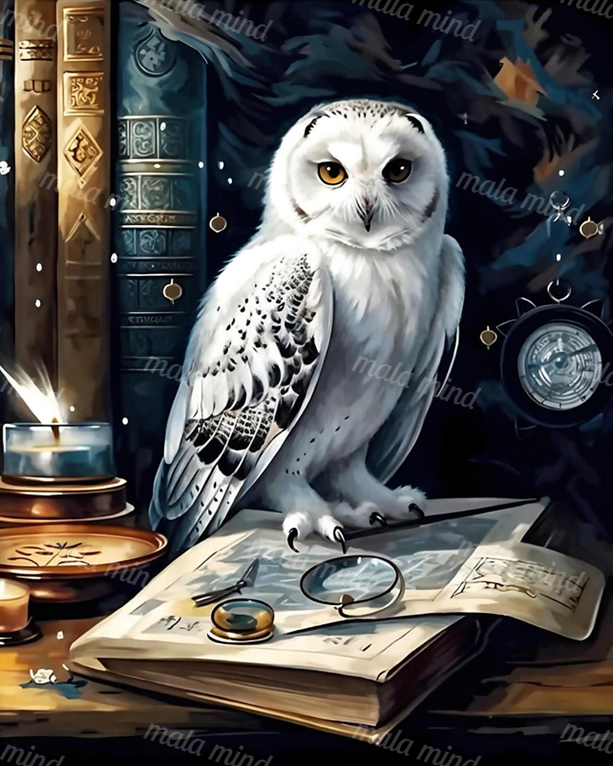 White owl perched over an open illustrated book with a candle, stacked books, and scholarly instruments — 02_master_artwork