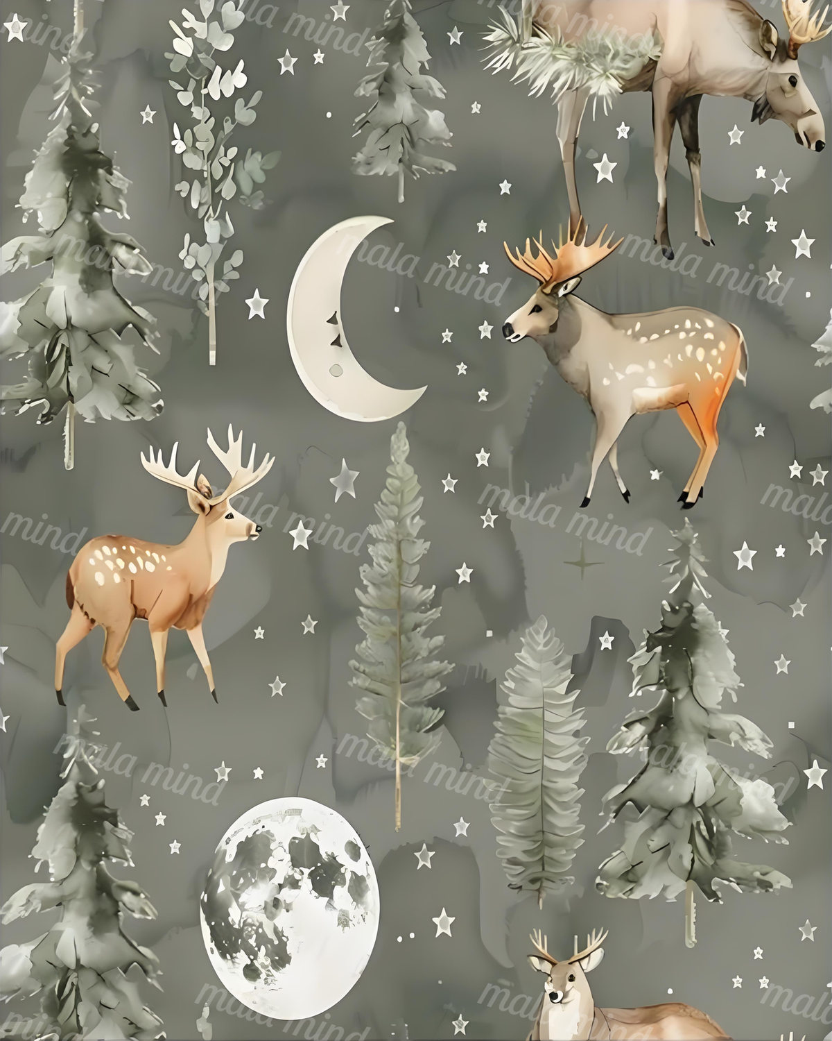 Whimsical moonlit woodland pattern with spotted deer, evergreen trees, crescent and full moons, and stars — 02_master_artwork