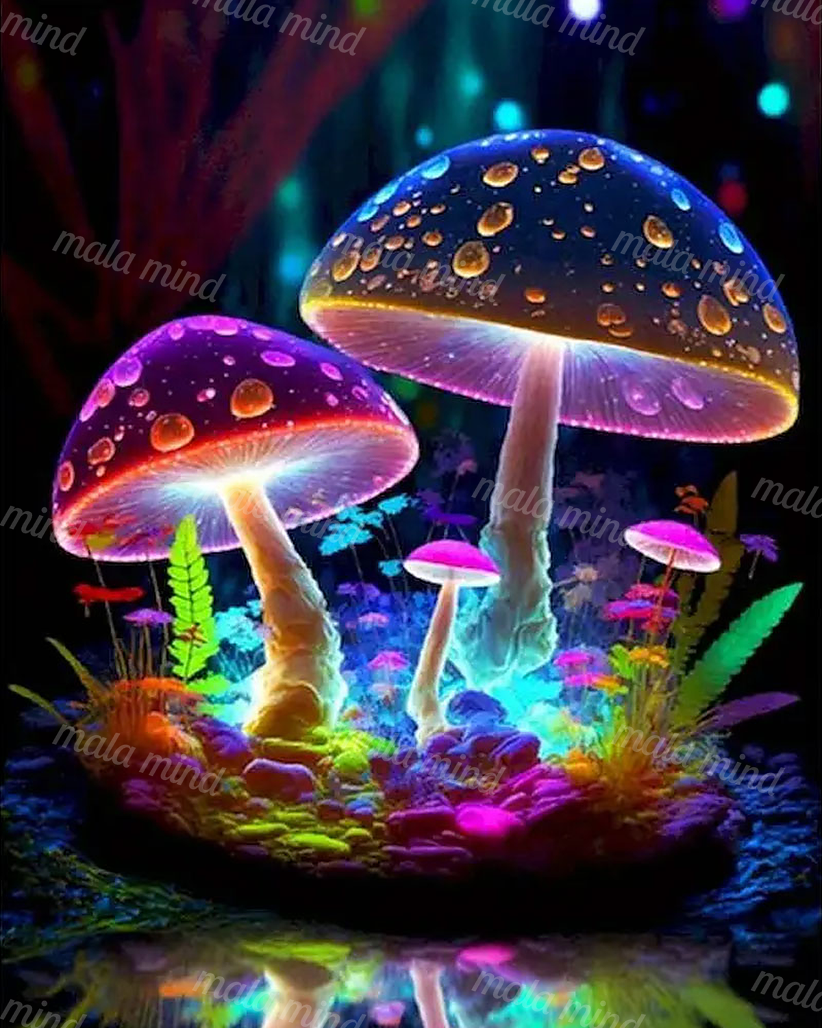 Colorful glowing mushrooms surrounded by ferns and plants in a dark fantasy forest with water reflection — 02_master_artwork