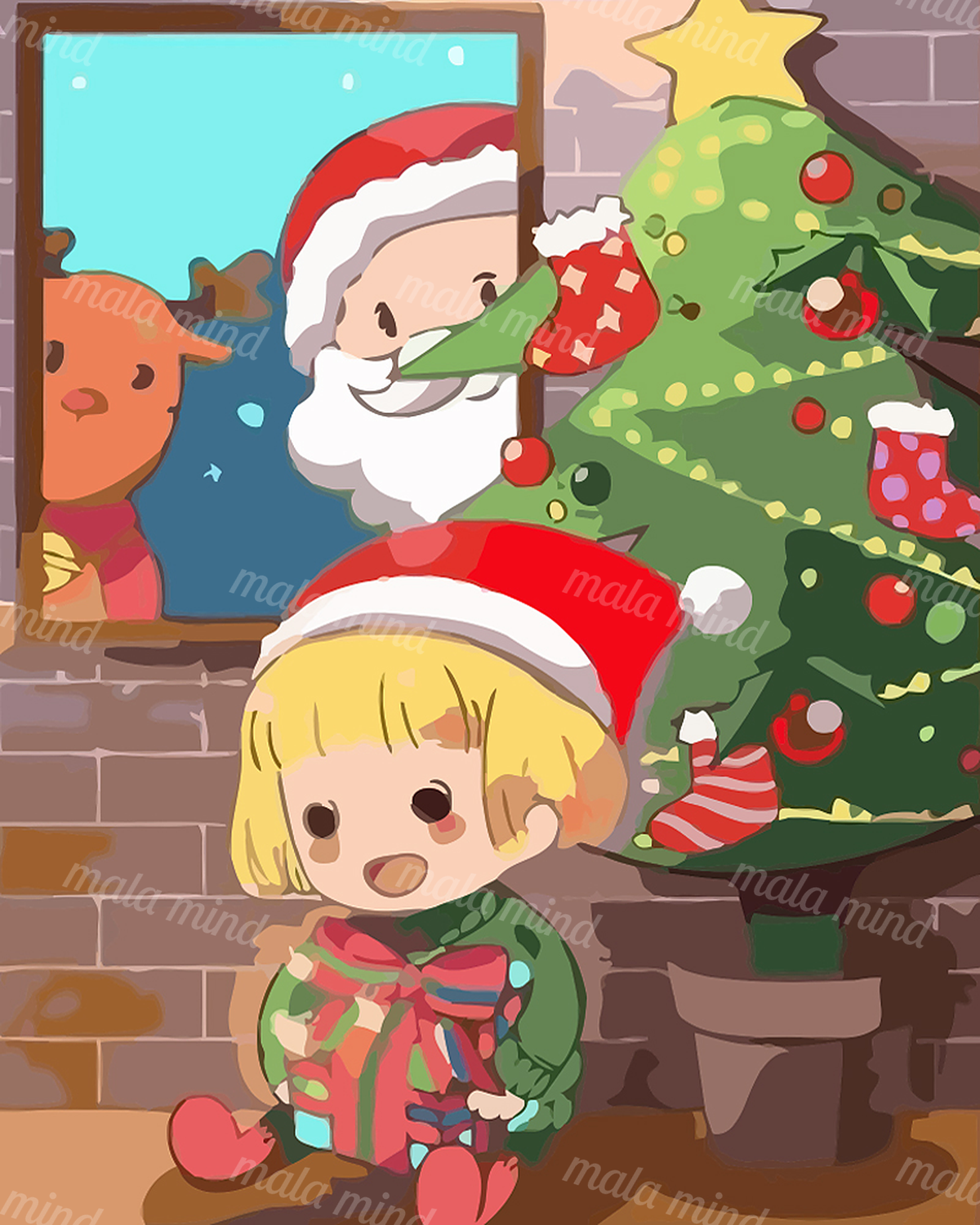 Cartoon child with a gift beside a decorated Christmas tree, with Santa and a reindeer behind a window — 02_master_artwork