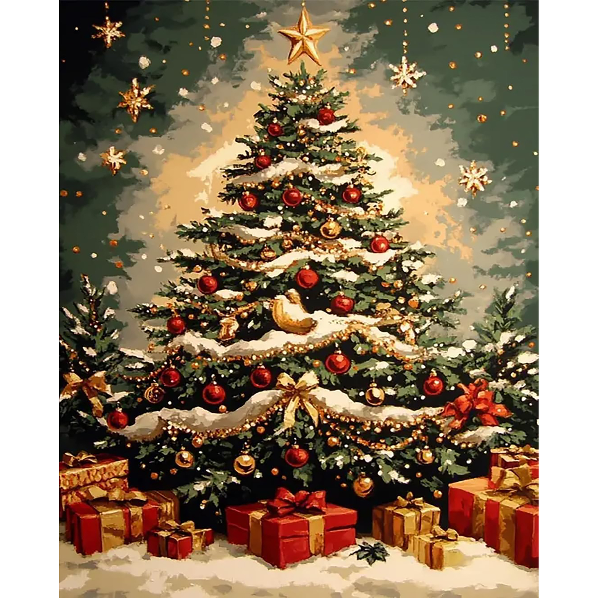 Painterly Christmas tree with a gold star, red ornaments, snowy branches, and wrapped gifts