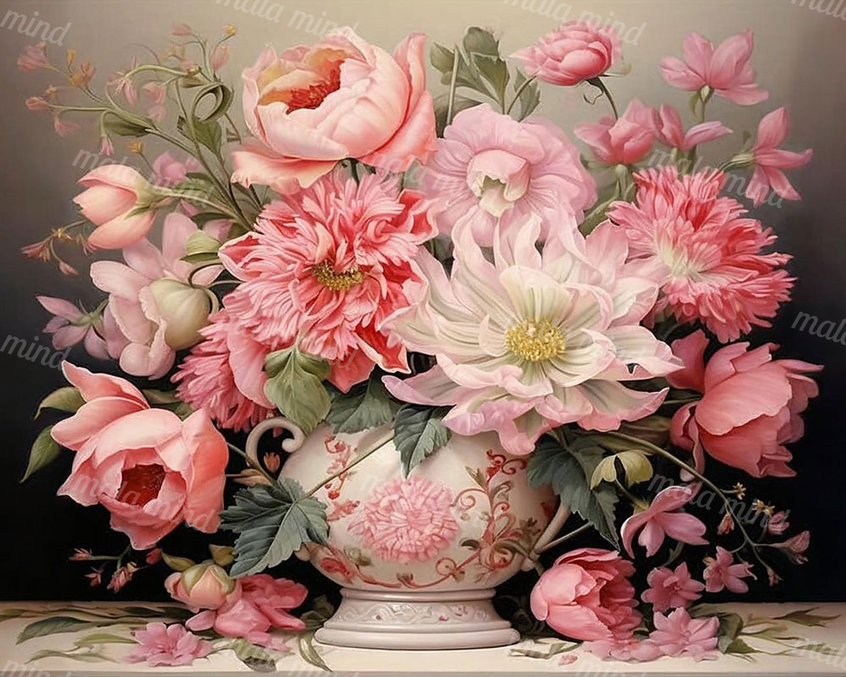 Pink and white flower bouquet in an ornate ceramic vase against a dark background — 02_master_artwork