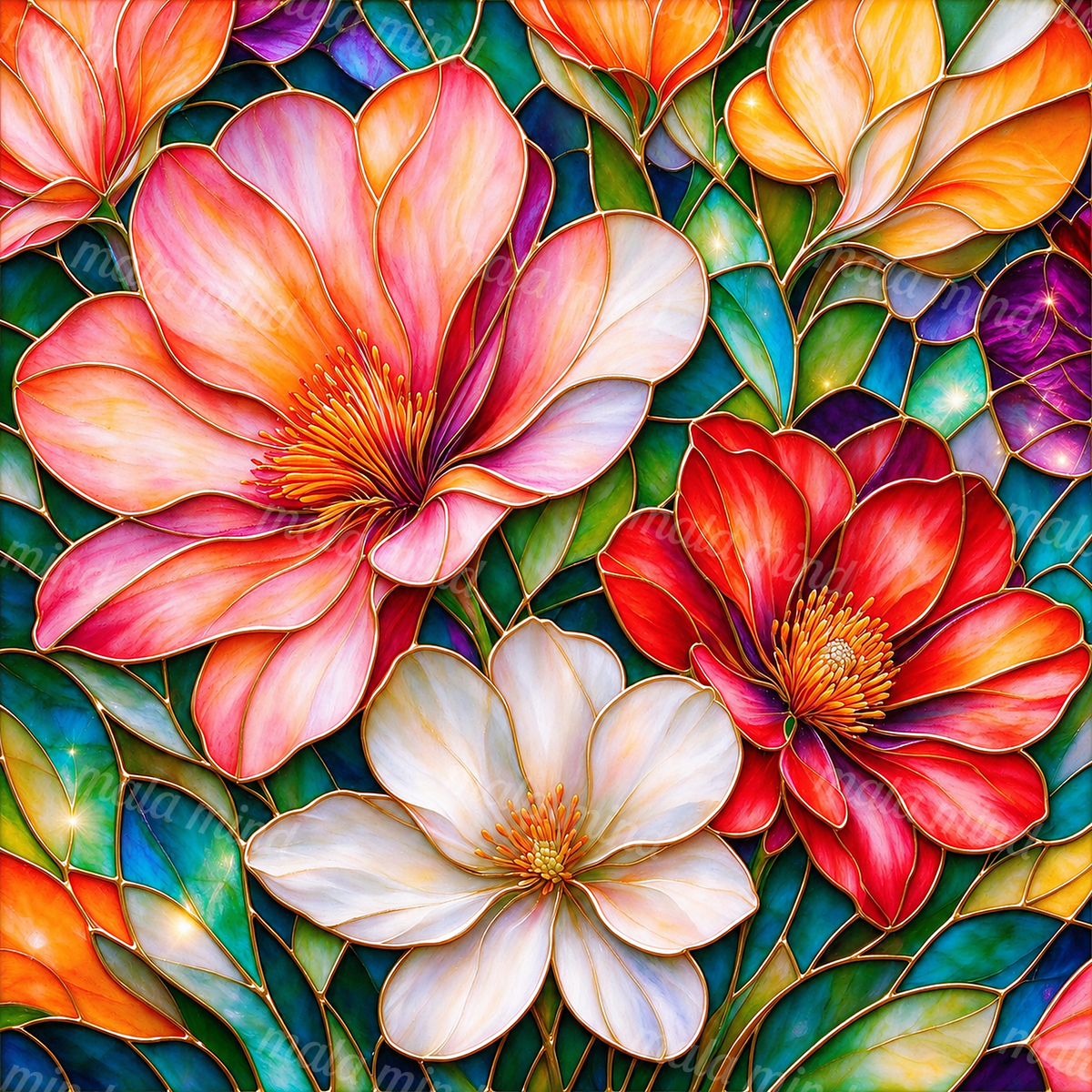 Colorful stained-glass floral artwork with pink, red, white, and orange blossoms among jewel-toned leaves — 02_master_artwork