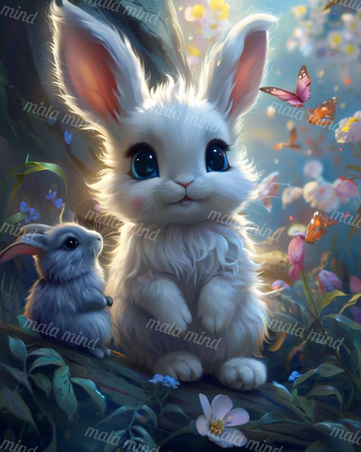White and blue-gray rabbits surrounded by flowers, leaves, butterflies, and woodland light — 02_master_artwork