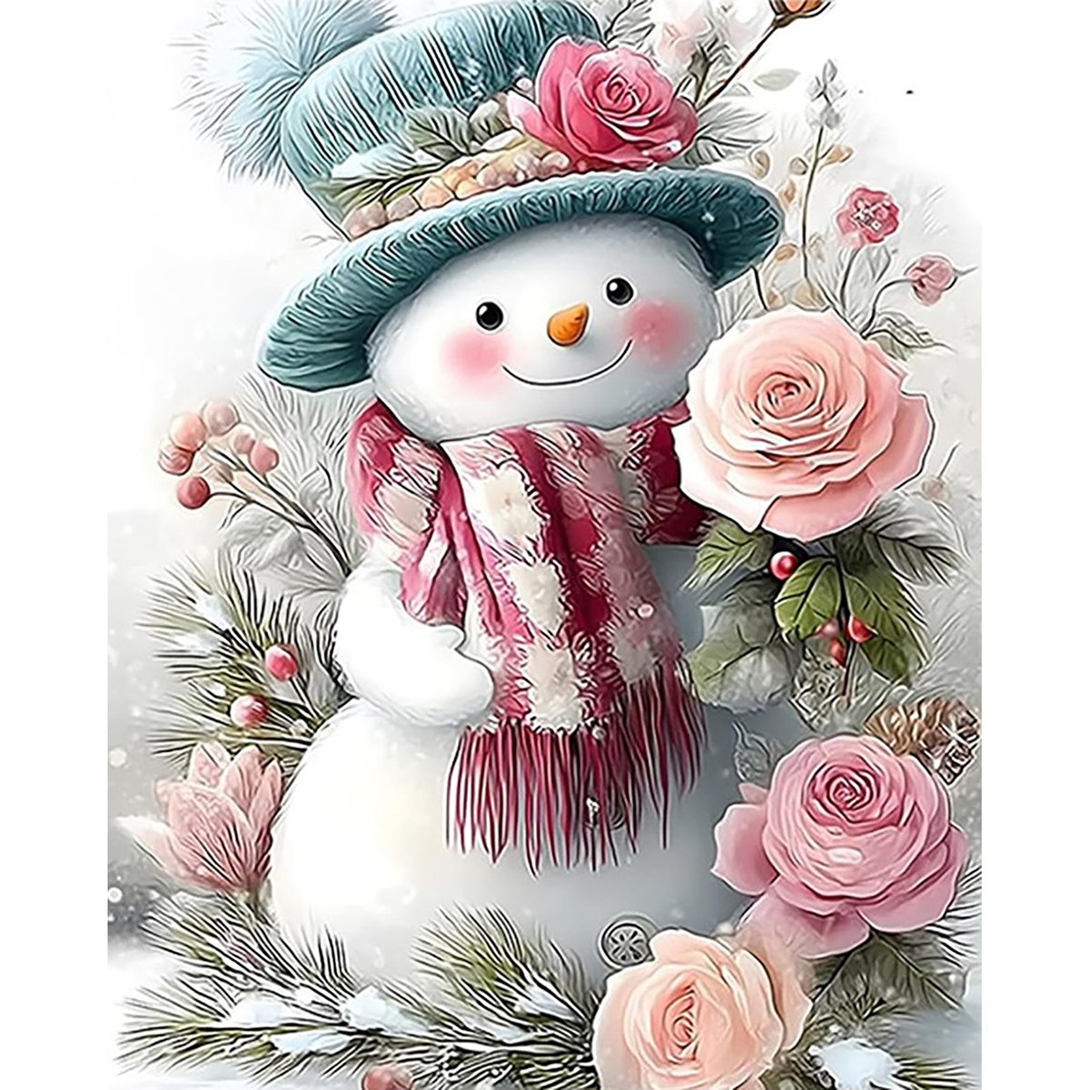 MalaMind Gallery V3 | 02 Master Artwork | CH-260921-072 | Smiling snowman in a teal hat and burgundy scarf surrounded by pink roses and snowy evergreens