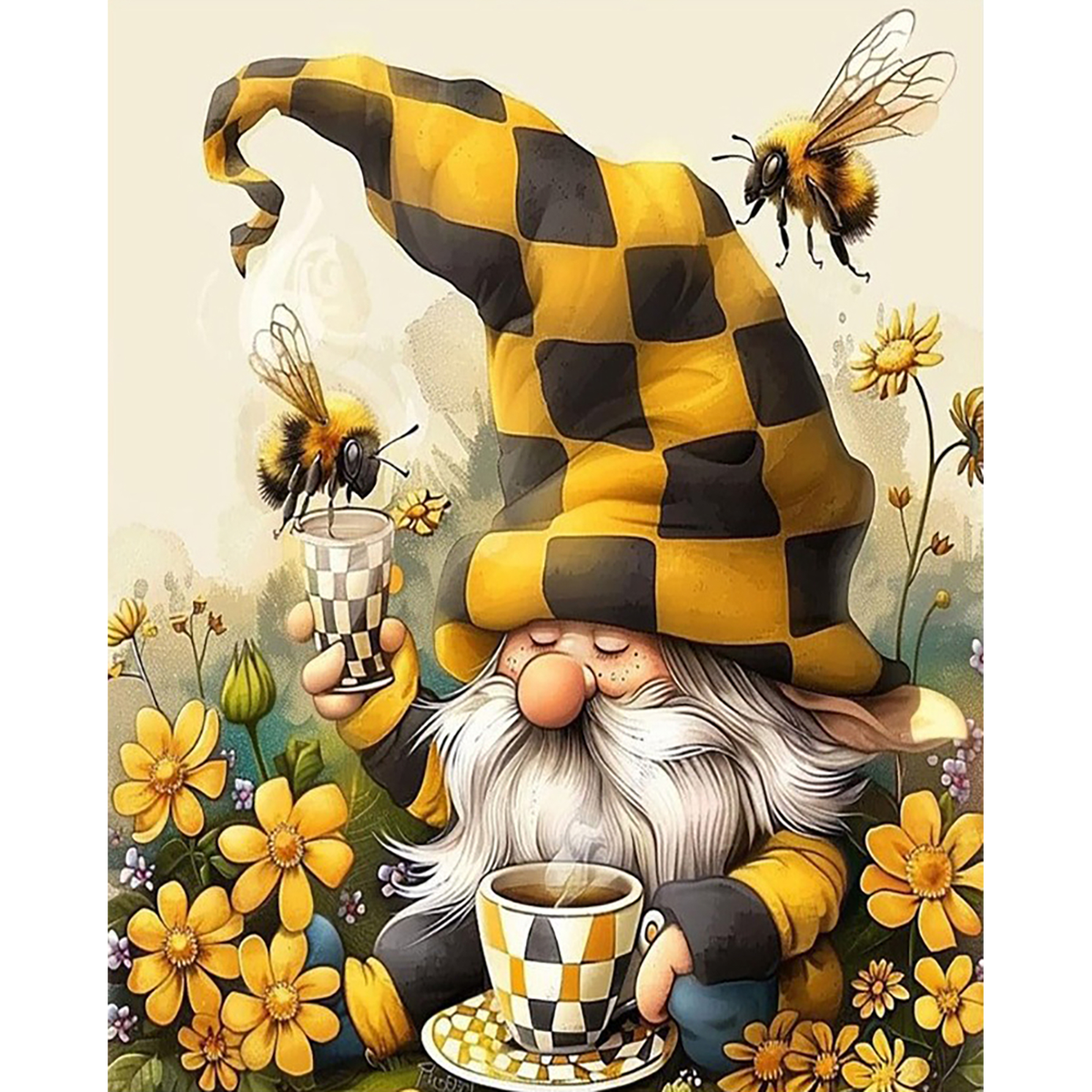 Bearded garden gnome in a checkered hat enjoying tea among yellow flowers and hovering bees