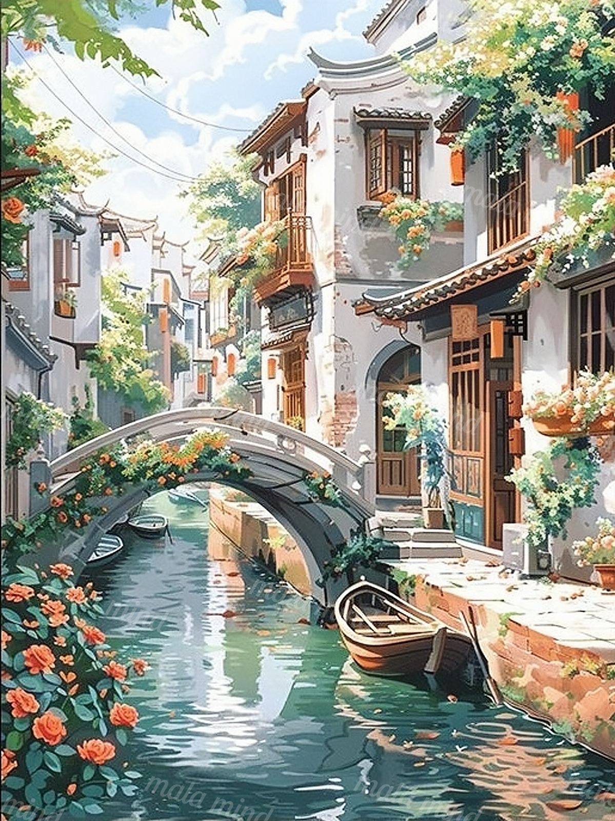 Flower-lined canal village with white buildings, an arched bridge, and small boats on reflective water — 02_master_artwork