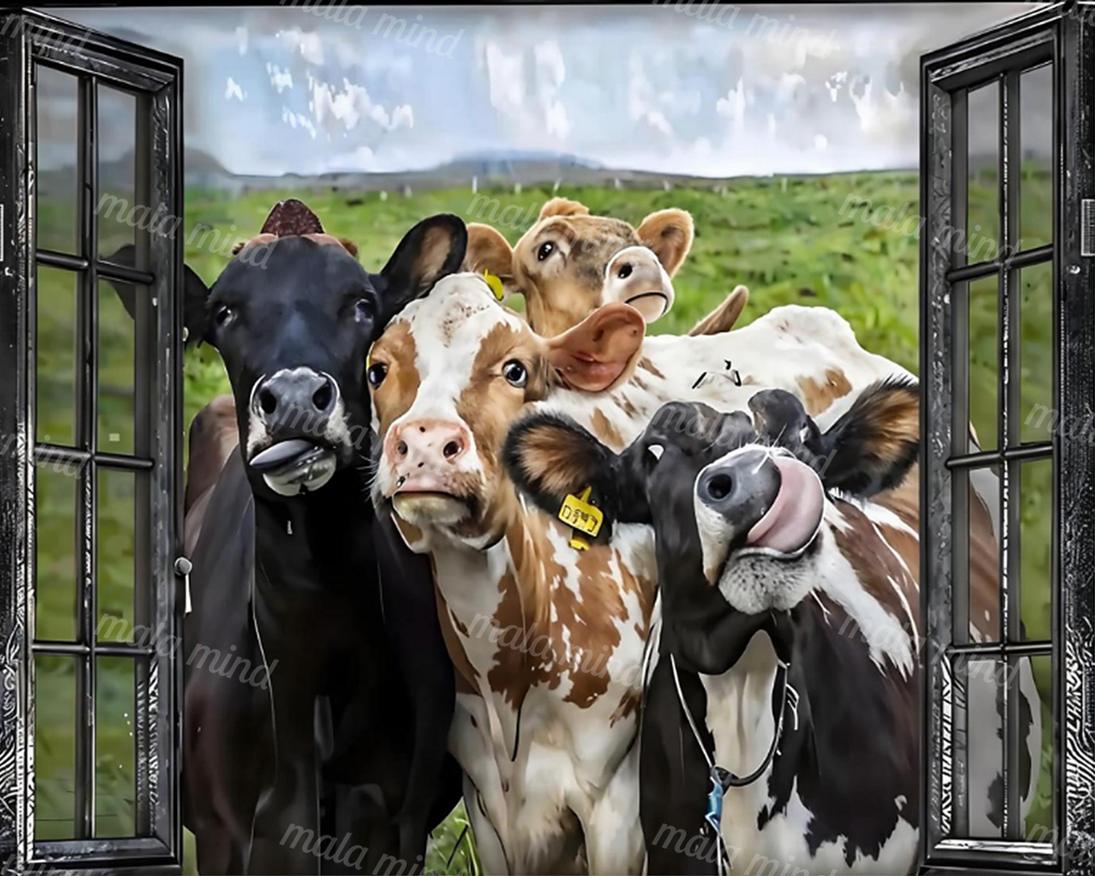 Several curious cows crowd through open windows with a green pasture and cloudy sky behind them. — 02_master_artwork