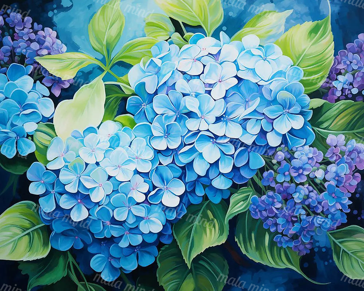 Painterly blue hydrangea clusters with purple blossoms and bright green leaves — 02_master_artwork