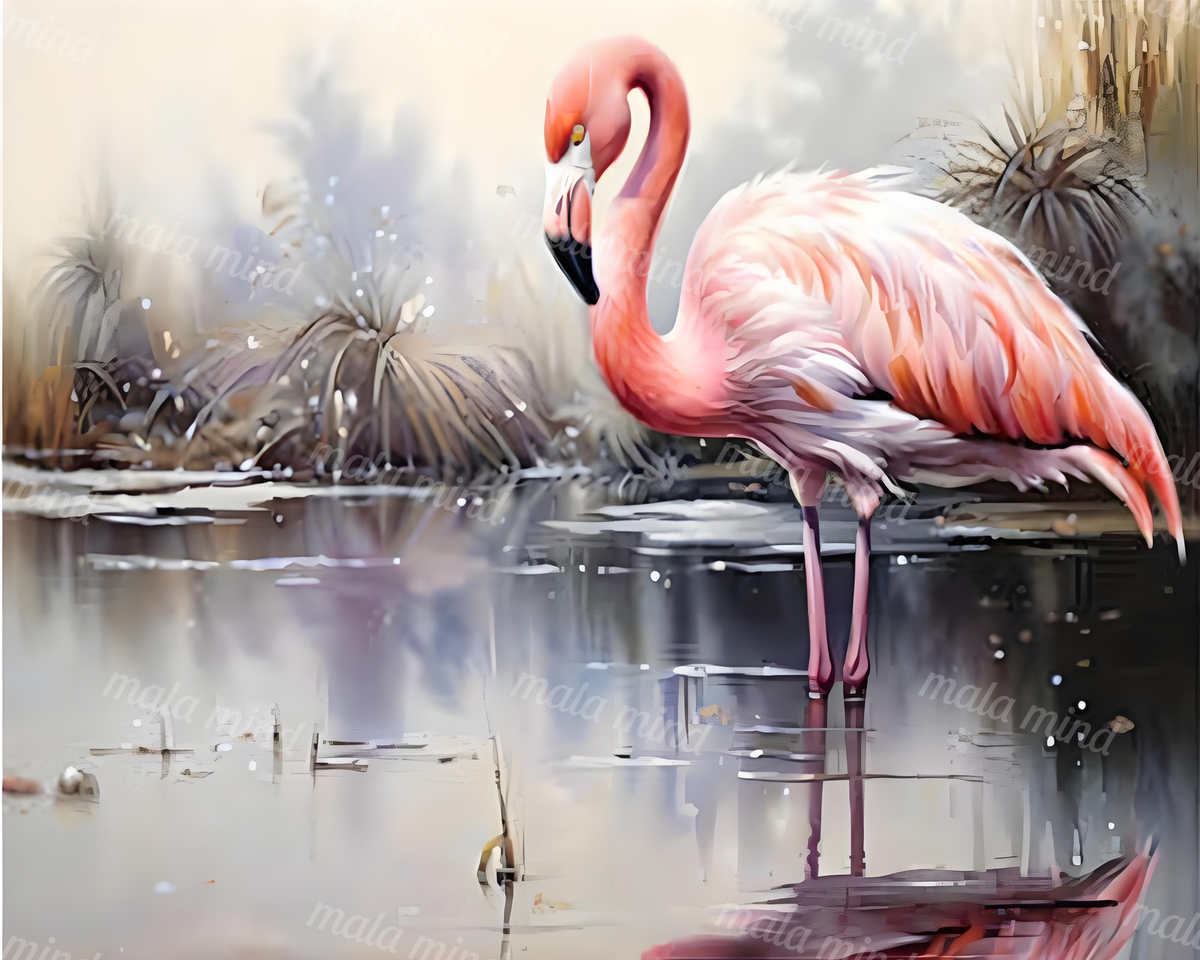 Pink flamingo standing in shallow reflective water beside spiky wetland plants. — 02_master_artwork