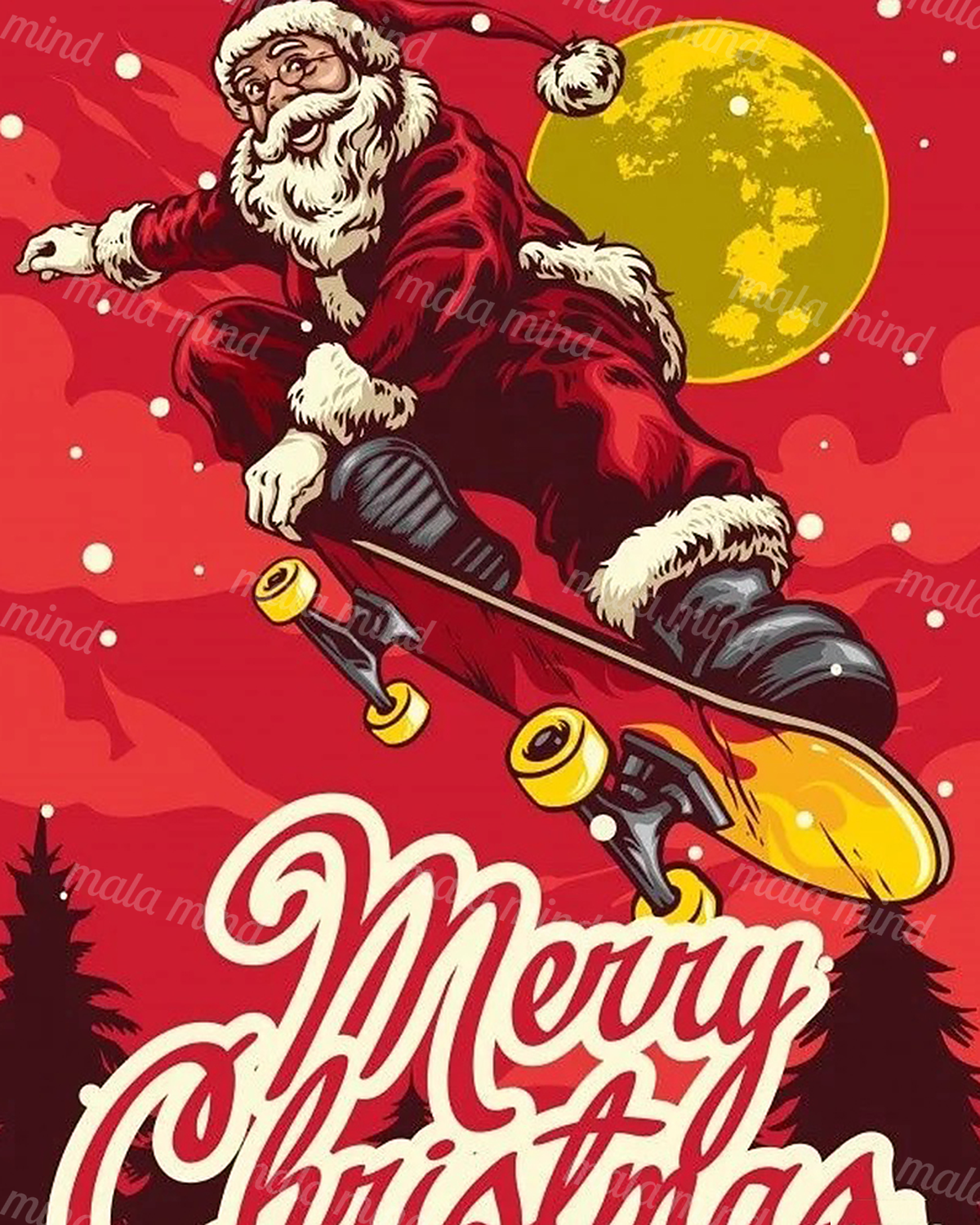 Retro illustration of Santa skateboarding before a yellow moon with Merry Christmas lettering — 02_master_artwork
