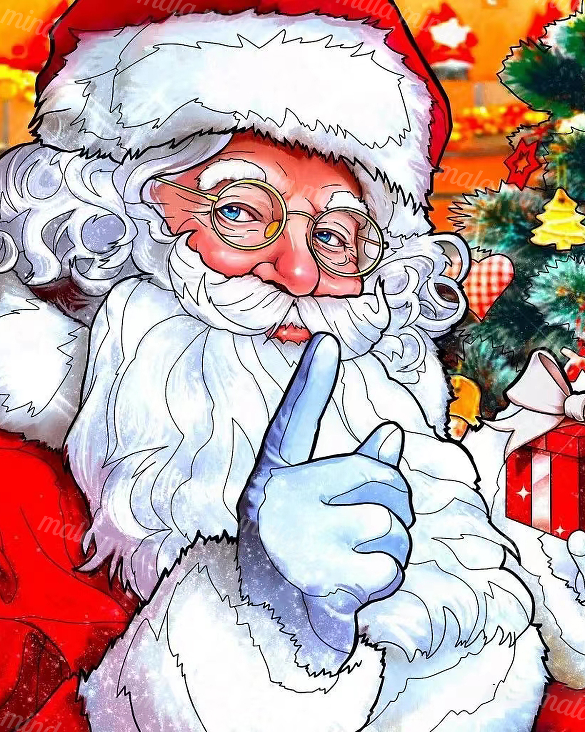 Cartoon Santa with gold glasses and blue glove beside a decorated Christmas tree and wrapped gift — 02_master_artwork