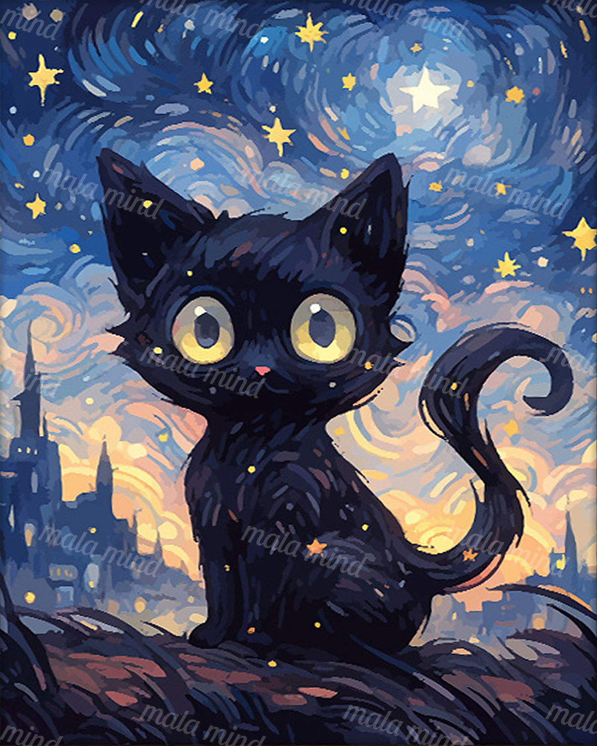 Black cat with glowing yellow eyes beneath a swirling blue starry sky and distant city buildings — 02_master_artwork