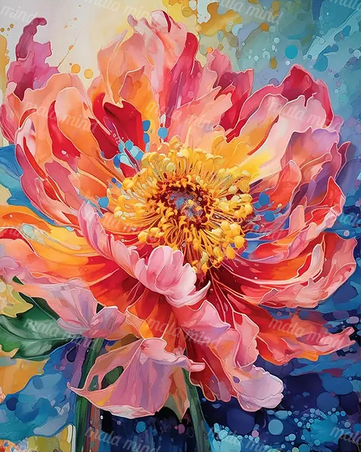 Colorful abstract flower with layered pink and coral petals, yellow center, green leaves, and blue accents — 02_master_artwork