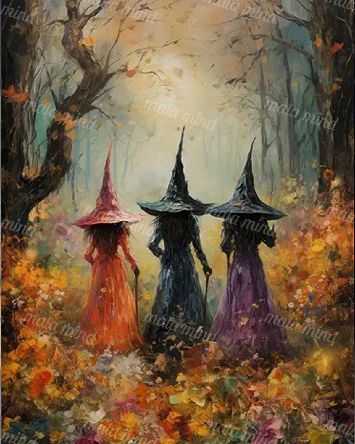 Three pointed-hat figures in colorful robes walk through an autumn forest toward a bright clearing. — 02_master_artwork