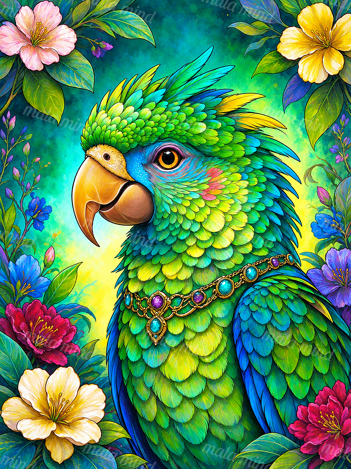 Colorful green and blue parrot wearing a jeweled chain, surrounded by bright tropical flowers and foliage. — 02_master_artwork