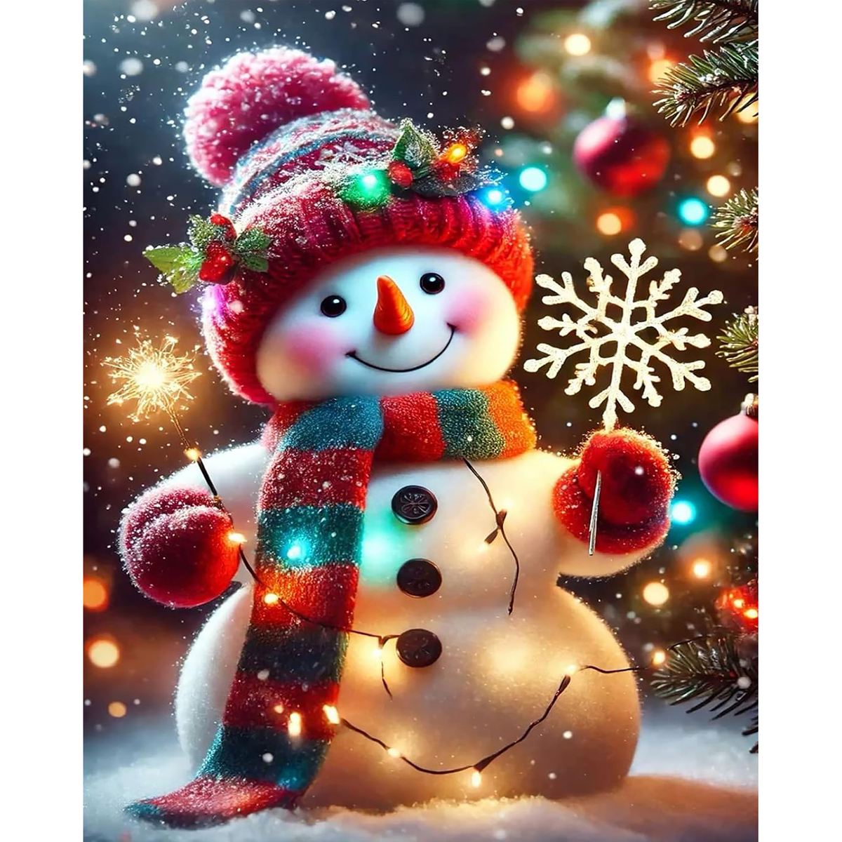 MalaMind Gallery V3 | 02 Master Artwork | CH-260921-081 | Smiling snowman in a red hat and striped scarf surrounded by lights, snowflakes, ornaments, and evergreen branches