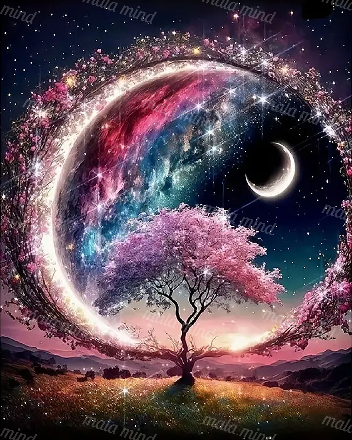 Pink flowering tree beneath a glowing cosmic arch with crescent moon, stars, mountains, and grassy foreground — 02_master_artwork