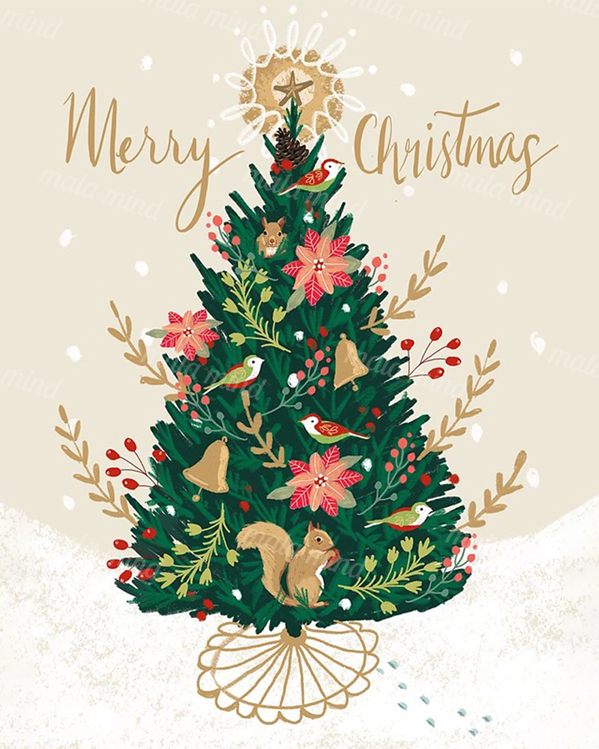 Decorated Christmas tree with birds, squirrels, poinsettias, berries, bells, and Merry Christmas lettering — 02_master_artwork