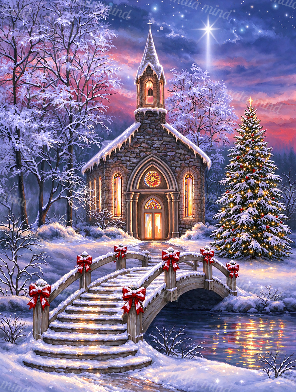 Snow-covered Christmas chapel with glowing windows, decorated tree, red-bowed bridge, and reflective stream — 02_master_artwork