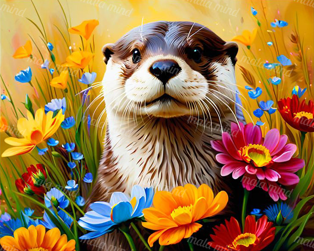Front-facing otter surrounded by bright blue, orange, pink, and red flowers on a golden background — 02_master_artwork