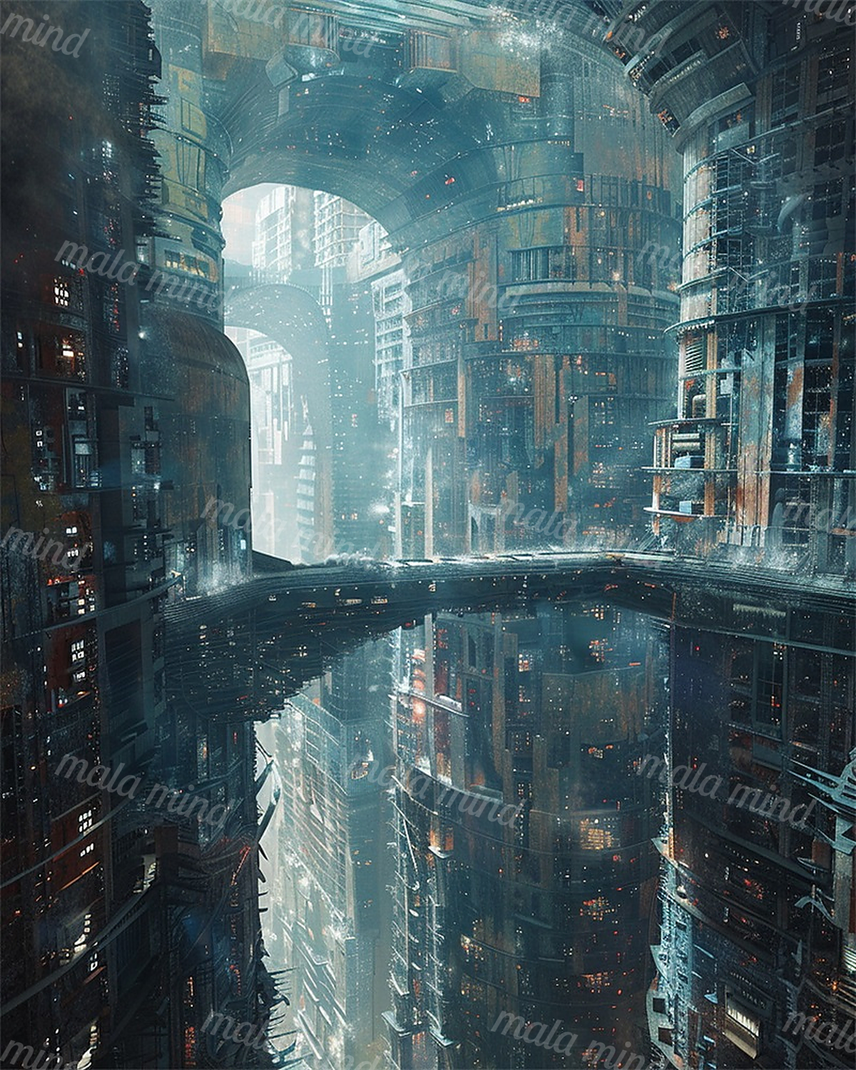 Teal futuristic city canyon with towering buildings, layered bridges, glowing windows, and misty light — 02_master_artwork