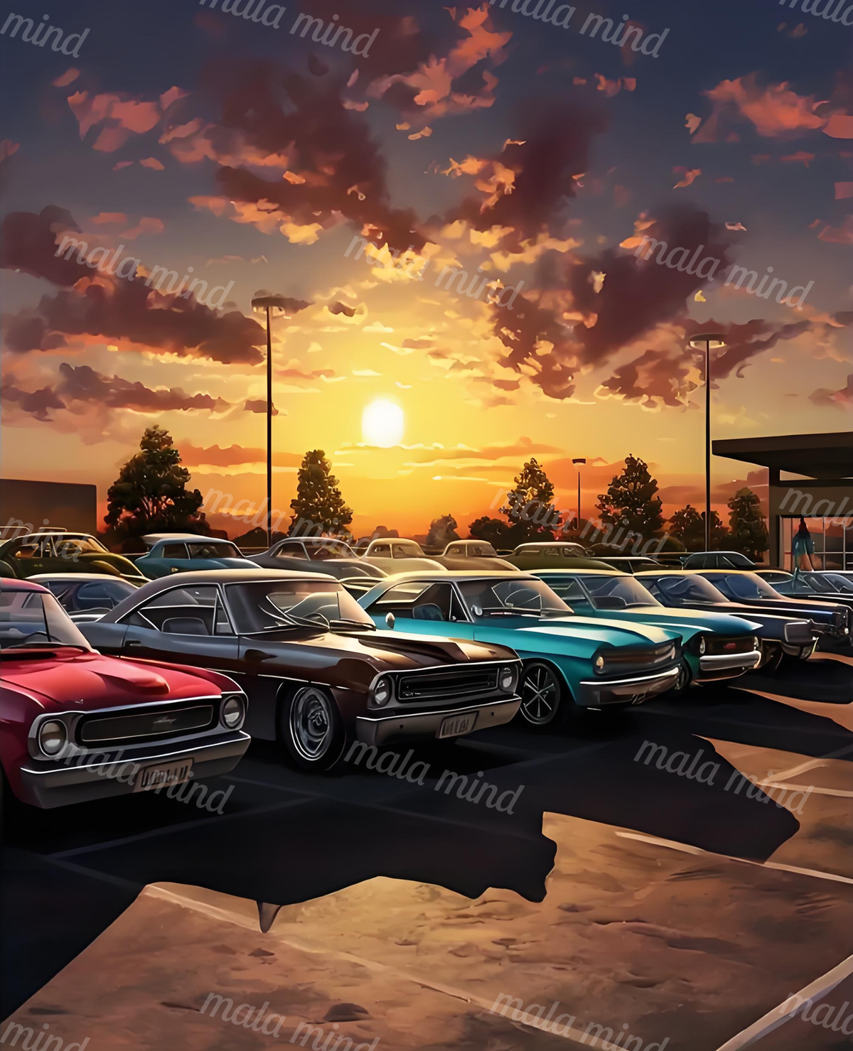 Rows of classic cars in a parking lot beneath a dramatic orange sunset and cloud-filled sky. — 02_master_artwork