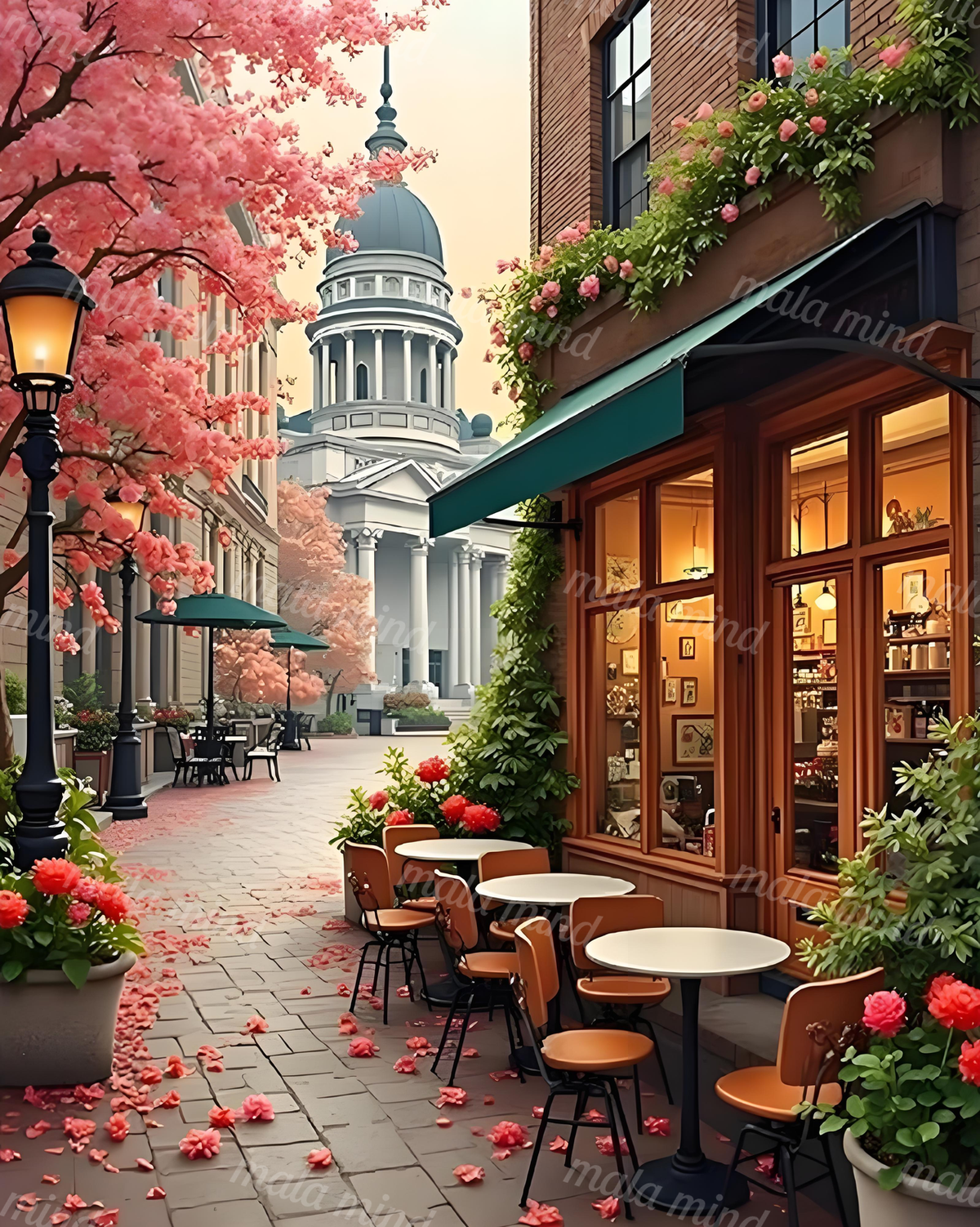 Pink blossom-lined cafe street with outdoor tables and a domed neoclassical building — 02_master_artwork