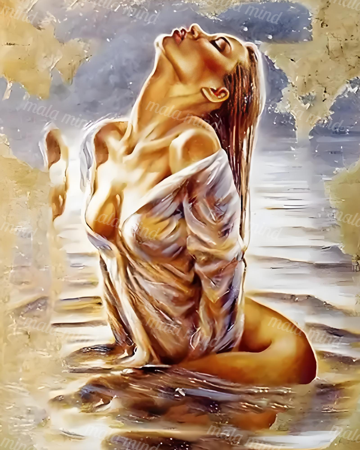 Painterly seated woman with tilted head, long brown hair, gold hoop earring, and draped pale fabric — 02_master_artwork