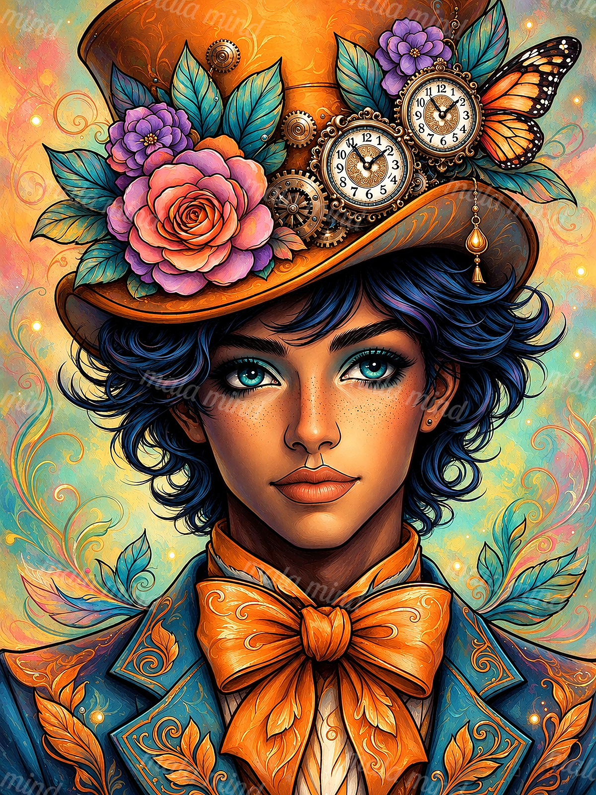 Portrait of a woman with turquoise eyes wearing a floral clockwork hat and large orange bow — 02_master_artwork