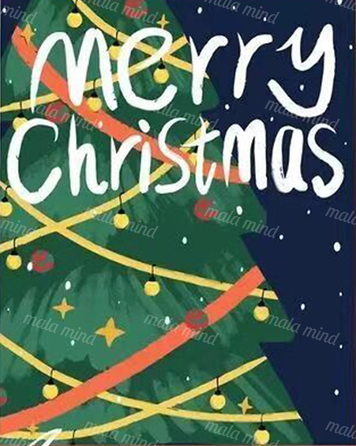 Decorated green Christmas tree with lights, red ribbon, and white Merry Christmas lettering — 02_master_artwork