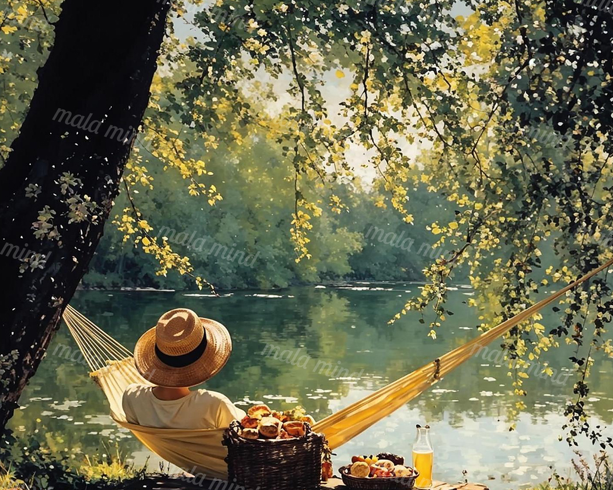Person in a yellow hammock beside a calm wooded lake with picnic food and a straw hat — 02_master_artwork