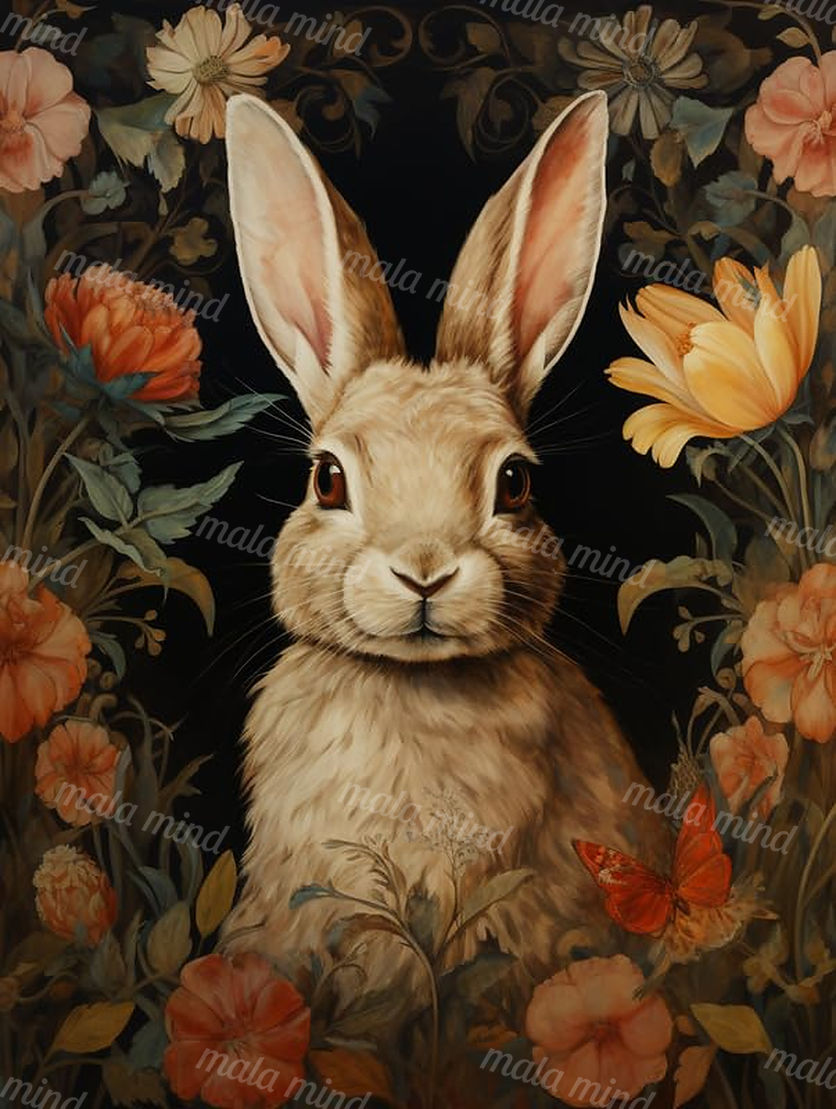 Tan rabbit portrait surrounded by orange flowers, green leaves, and a red-orange butterfly on a dark background — 02_master_artwork