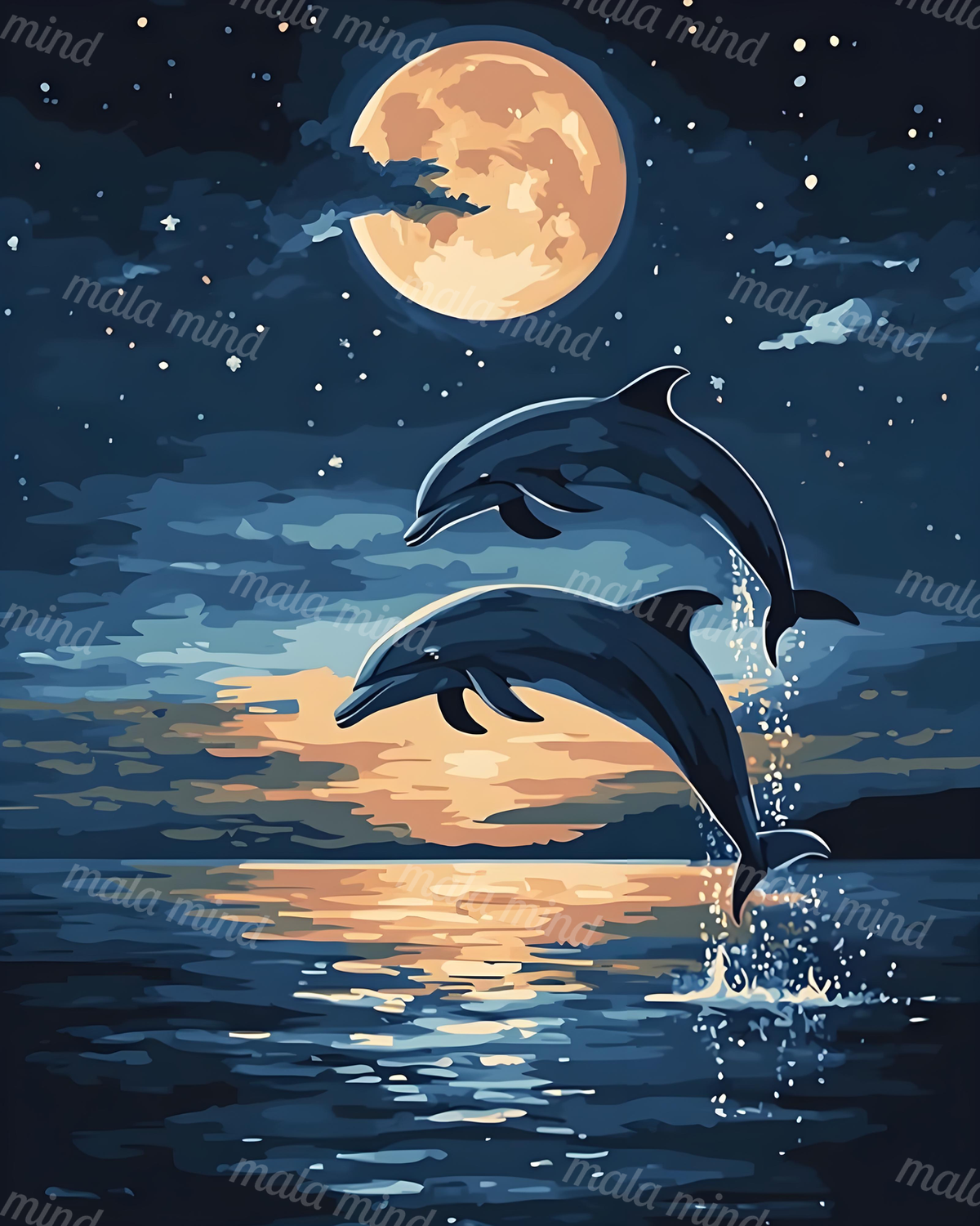 Two dolphins leap through moonlit ocean water beneath a golden moon and starry sky. — 02_master_artwork