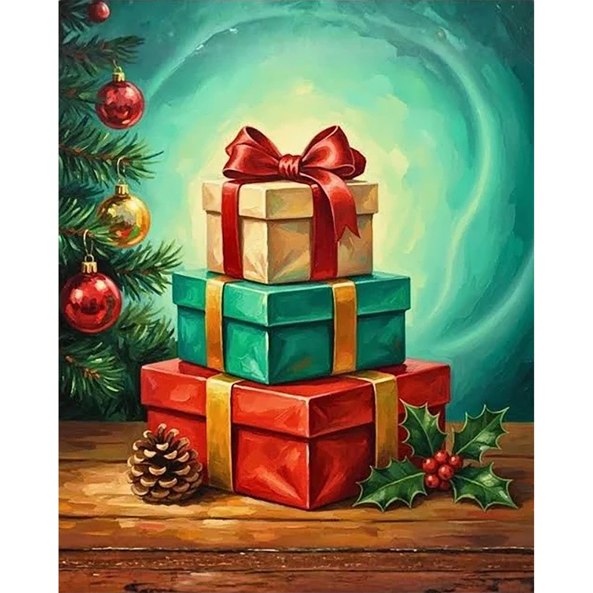 Three wrapped Christmas gifts beside an ornamented evergreen tree, holly, berries, and a pinecone.
