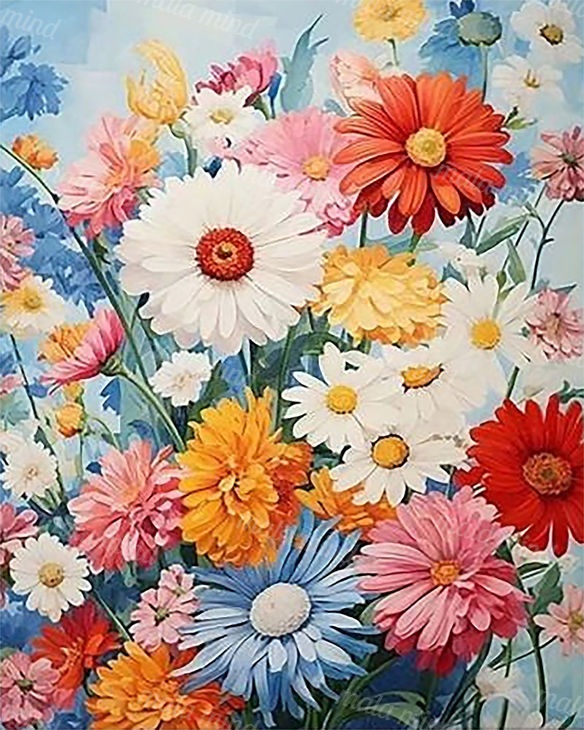 Painterly arrangement of colorful daisies and mixed flowers against a pale blue background — 02_master_artwork
