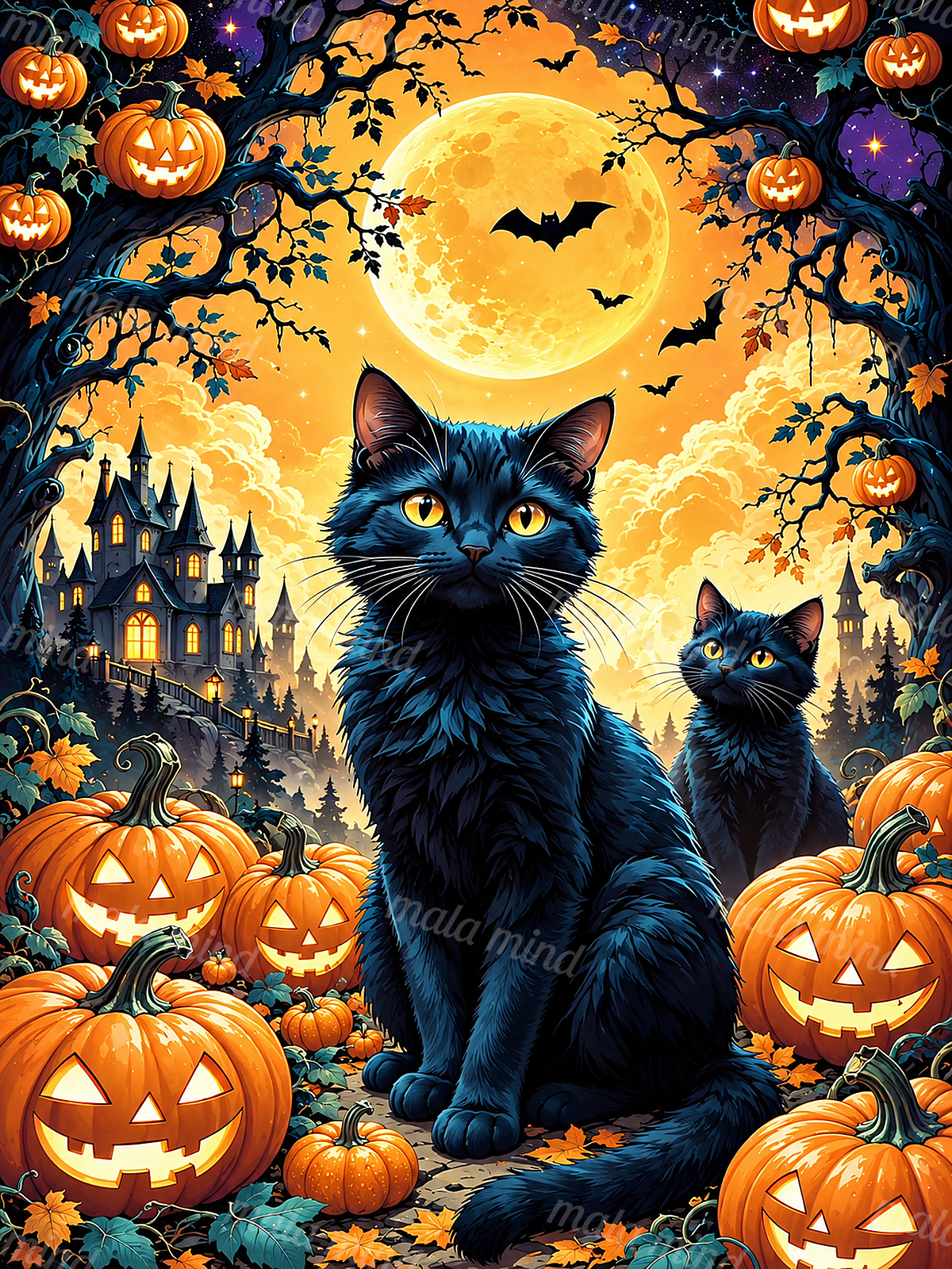 Two black cats sit among glowing jack-o'-lanterns beneath a full moon, bats, twisted trees, and a gothic castle. — 02_master_artwork