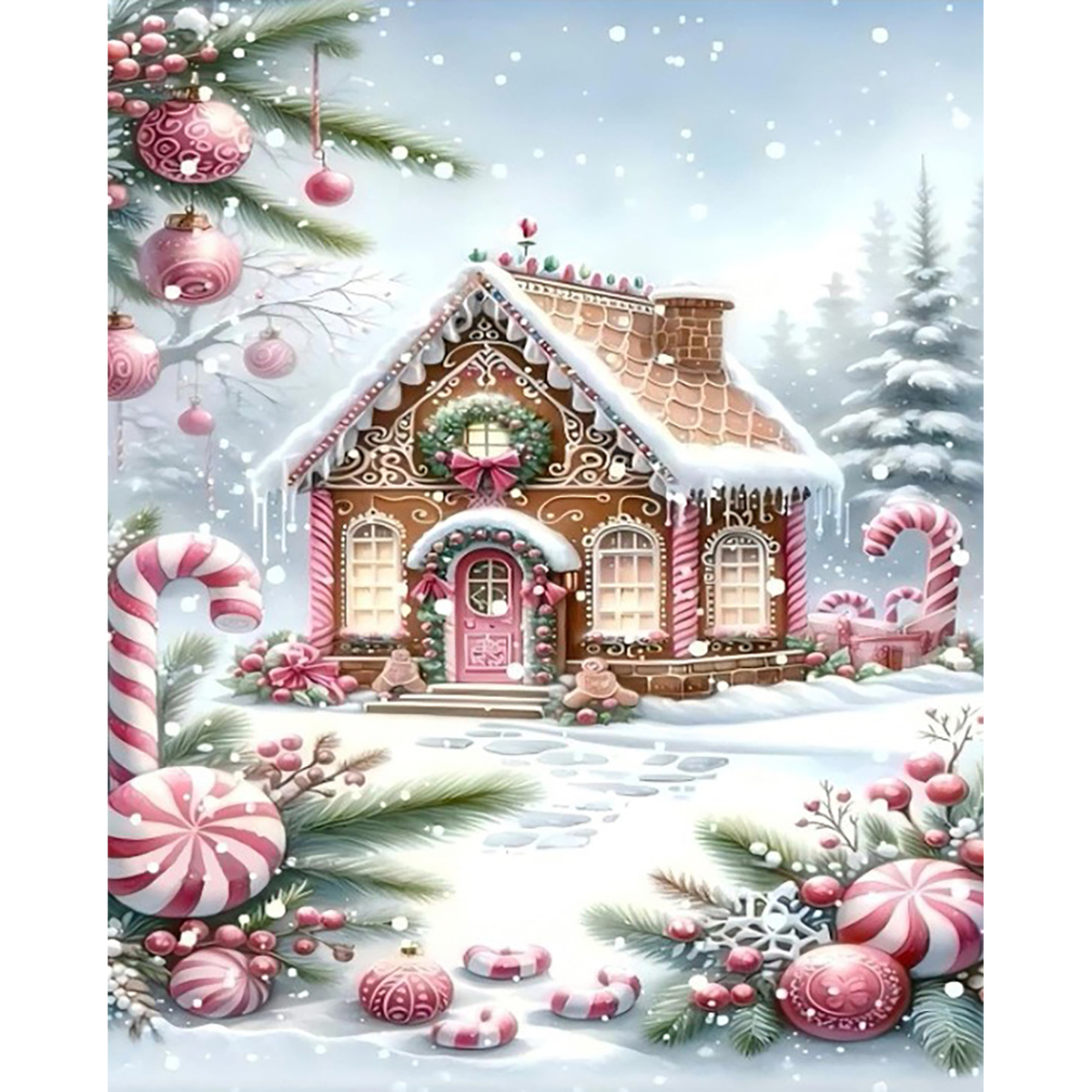 MalaMind Gallery V3 | 02 Master Artwork | CH-260922-007 | Snowy gingerbread cottage surrounded by candy canes, peppermint ornaments, evergreen branches, and falling snow.