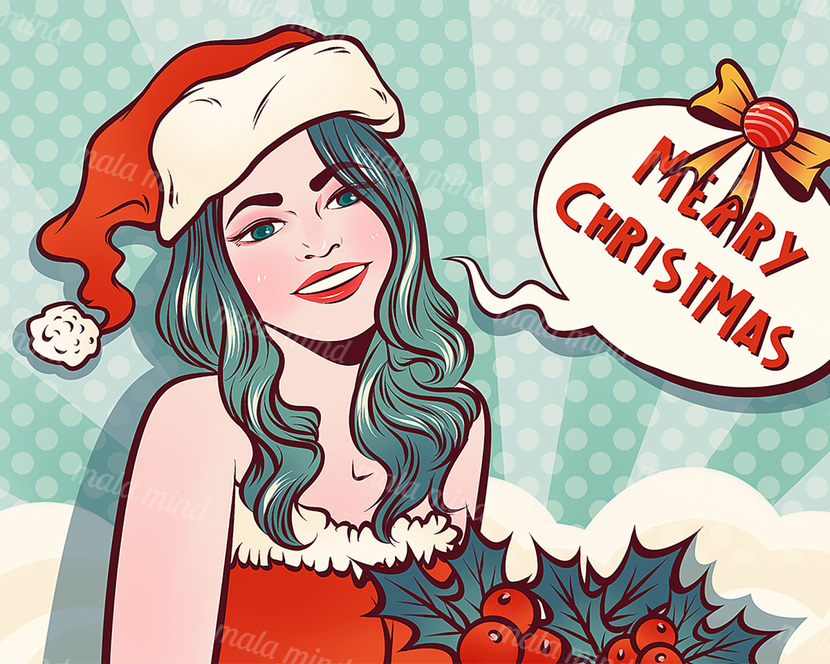 Pop art woman with teal hair and Santa hat beside a Merry Christmas speech bubble — 02_master_artwork