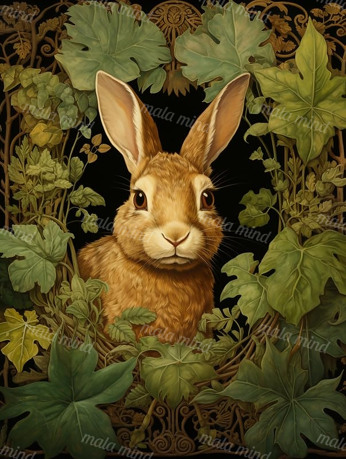Brown rabbit portrait centered among layered green leaves and ornate botanical vines on a black background — 02_master_artwork