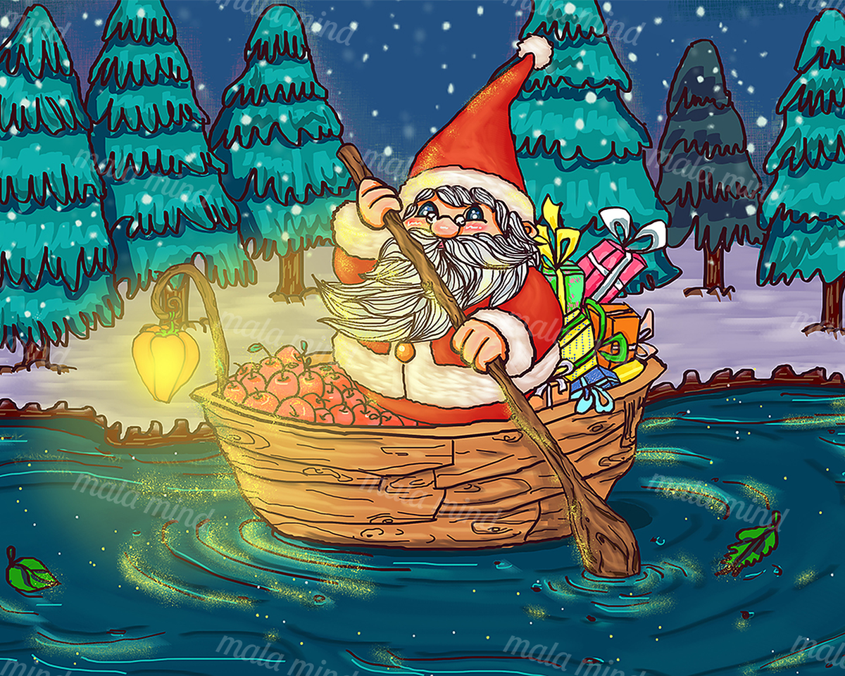 Santa rows a gift-filled wooden boat through a snowy evergreen forest with a glowing lantern. — 02_master_artwork