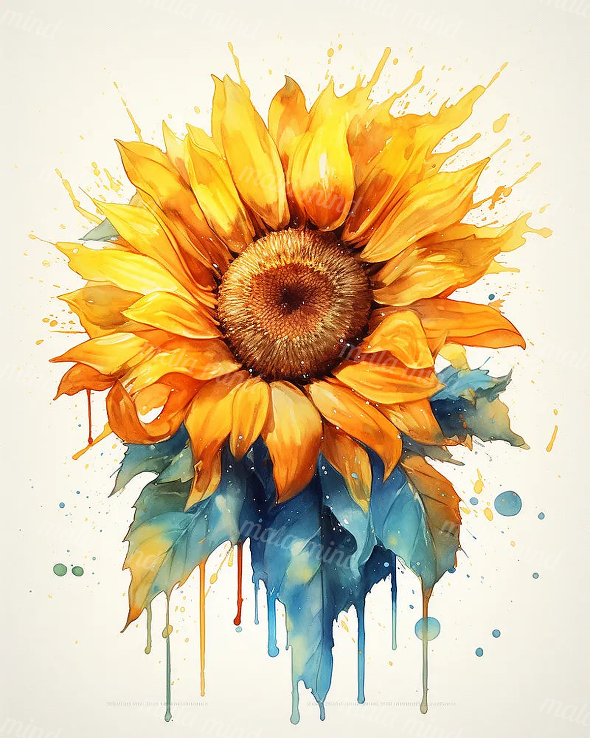 Large yellow-orange sunflower with blue-green leaves, paint splashes, and colorful drips on an off-white background — 02_master_artwork