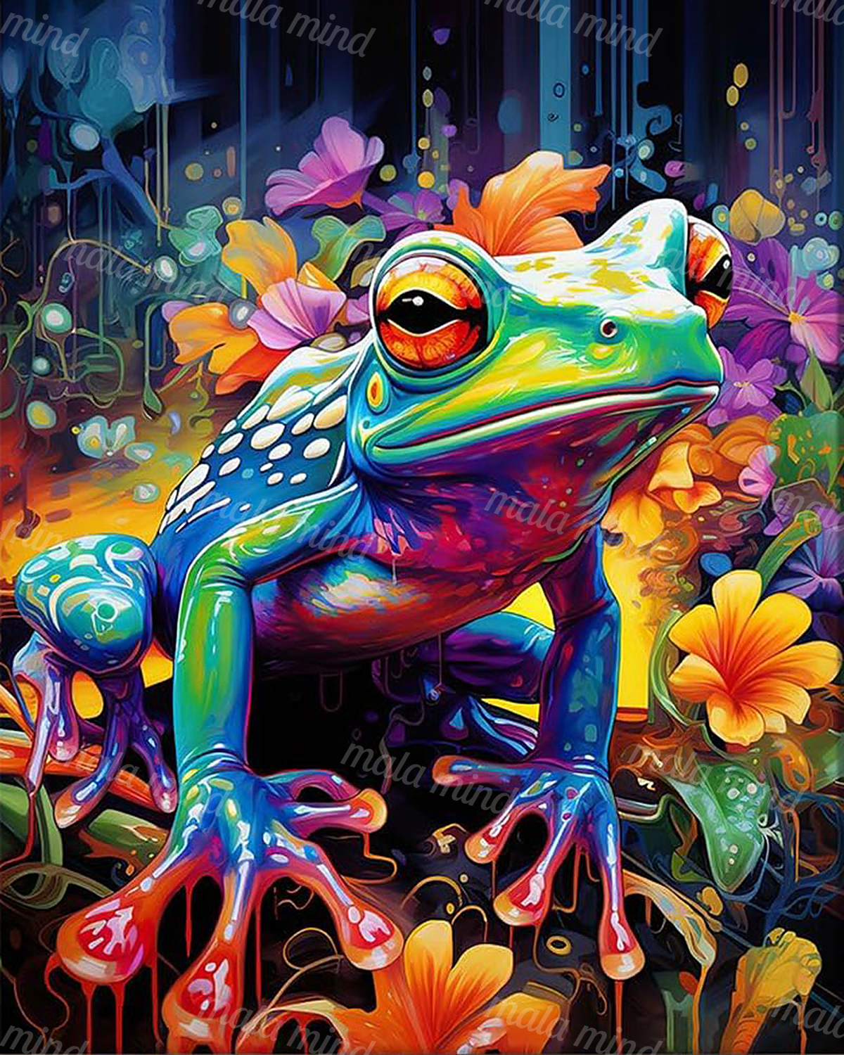 Vivid close-up frog with orange-red eyes surrounded by colorful flowers and a smaller frog — 02_master_artwork
