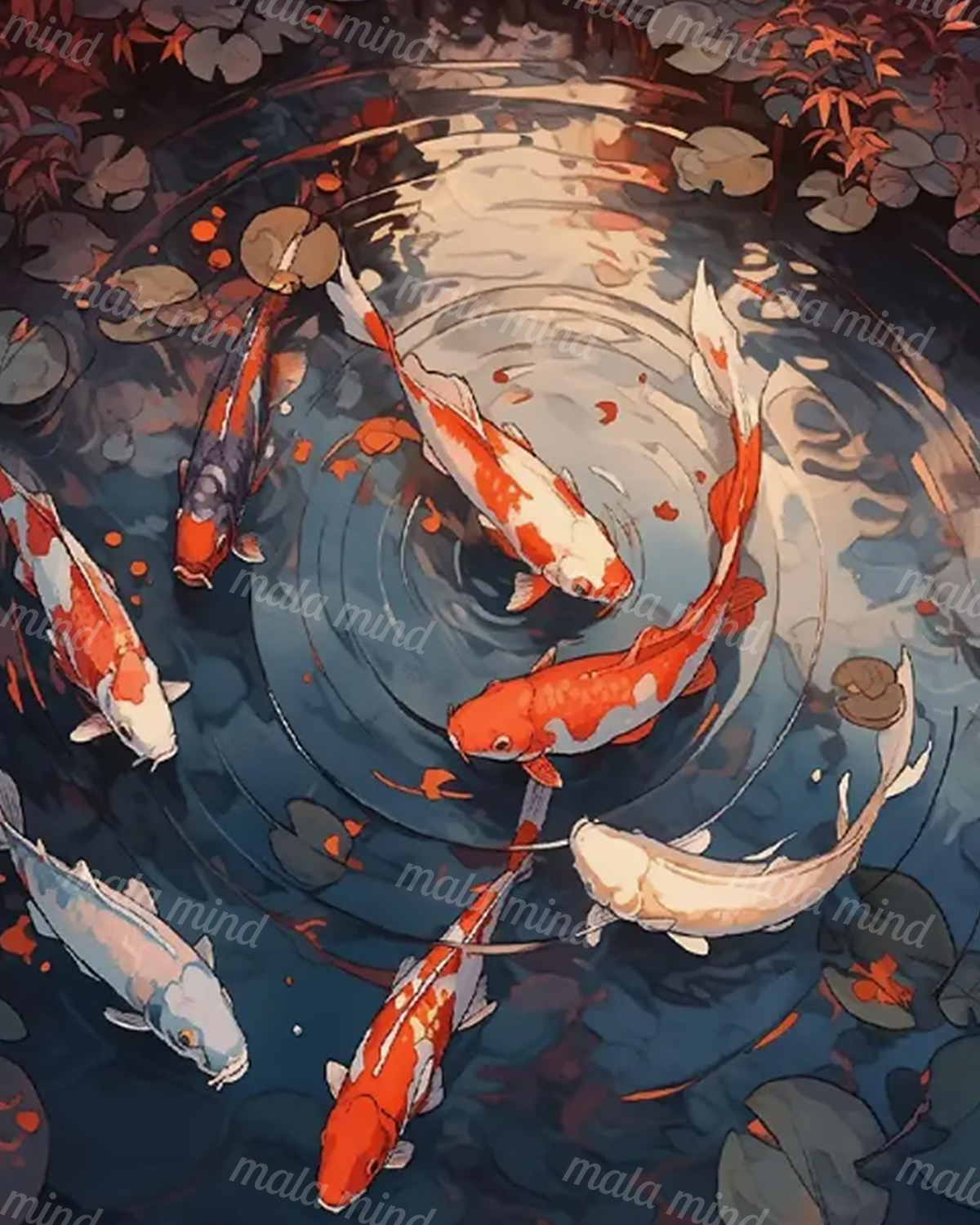 Orange, white, and cream koi circle through dark rippling pond water among lily pads and leaves. — 02_master_artwork