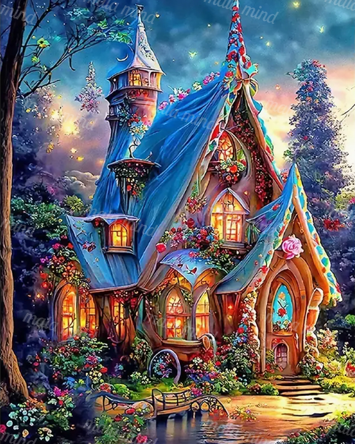 Fantasy cottage with blue towers, glowing windows, flower gardens, a pond, and a footbridge at twilight — 02_master_artwork