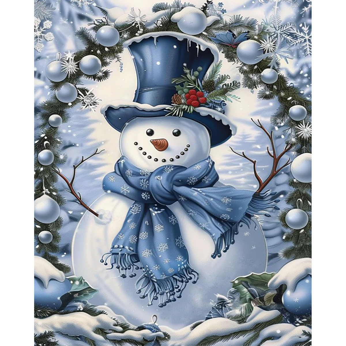 MalaMind Gallery V3 | 02 Master Artwork | CH-260922-010 | Smiling snowman in a blue hat and scarf framed by snowy evergreen branches and ornaments